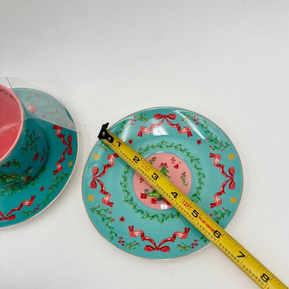 Monterey Bay Fine Porcelain Christmas Tree Teacup Saucer Set Teal Pink Gold - Picture 3 of 7